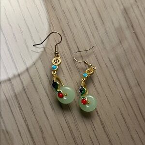 Gold-Tone Green Jade Drop Earrings with Red Accent - Women's Jewelry